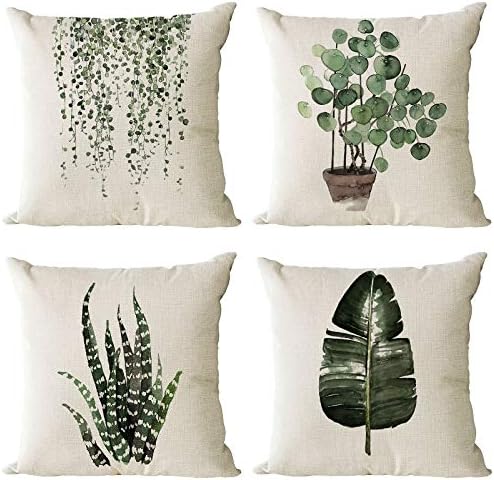 Neatee Living Set of 4 Green Plants Decorative Throw Pillow Covers 12x12 Inch Linen Square Pillow Cases Outdoor Sofa Couch Home Bed Decor Cushion Covers (12 by 12)