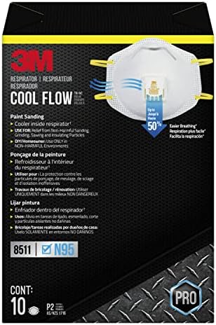 3M N95 Respirator 8511, 10 Pack, NIOSH-APPROVED N95, Features 3M COOL FLOW Exhalation Valve, Relief From Dusts & Certain Particles During Sanding, Pollen, Mold Spores, Dust Particles (8511DB1-A-PS)