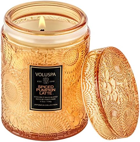 Voluspa Spiced Pumpkin Latte Candle | 5.5 Oz | Small Glass Jar with Lid | All Natural Wicks and Coconut Wax for Clean Burning | Vegan