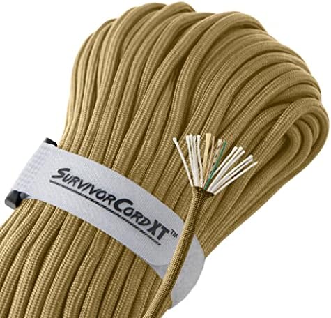 1,000 LB SurvivorCord XT Paracord | Made and Patented in The USA | Heavy Duty Paracord 750 Type IV Military Grade with Kevlar Line, 25 lb Fishing Line, Waterproof Firestarter. 100 FT, Coyote Brown