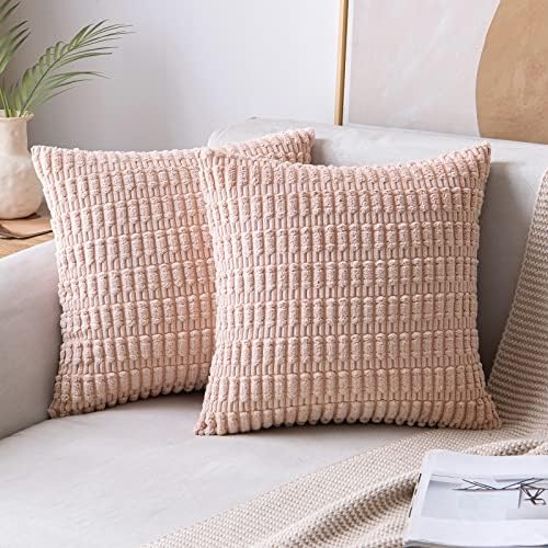 MIULEE Pack of 2 Corduroy Decorative Throw Pillow Covers 20x20 Inch Soft Boho Striped Pillow Covers Modern Farmhouse Home Decor for Spring Sofa Living Room Couch Bed Pink