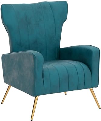 Container Furniture Direct Armchair Modern Velvet Accent Chair, Channel Tufted Bedroom, Office or Living Room Furniture with Elegant Metal Legs, Blueish Green