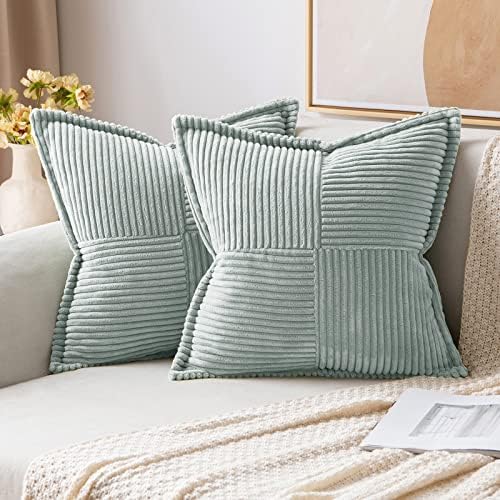 MIULEE Corduroy Pillow Covers with Splicing Set of 2 Super Soft Couch Pillow Covers Broadside Striped Decorative Textured Throw Pillows for Spring Cushion Bed Livingroom 18x18 inch, Greyish Green