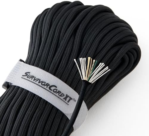 1,000 LB SurvivorCord XT Paracord | Made and Patented in The USA | Heavy Duty Paracord 750 Type IV Military Grade with Kevlar Line, 25 lb Fishing Line, Waterproof Firestarter. 100 FT Hank, Black