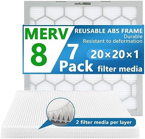 OlitAir 20x20x1 MERV 8 Air Filter,AC Furnace Air Filter,Reusable ABS Plastic Frame, 7 Pack Replaceable Filter Media (Actual Size: 19 3/4" x 19 3/4" x 3/4")