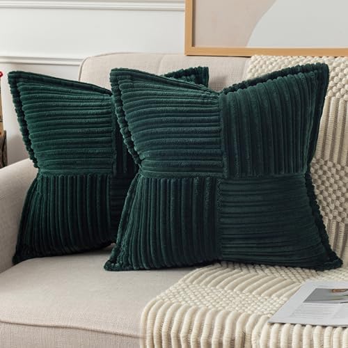 UGASA Super Soft Stripe Pillow Covers Set of 2 Splicing Corduroy Textured Solid Decorative Cushion Covers with Broadside for Farmhouse Couch Bed Sofa Home Gift 20x20 Inch, Dark Green