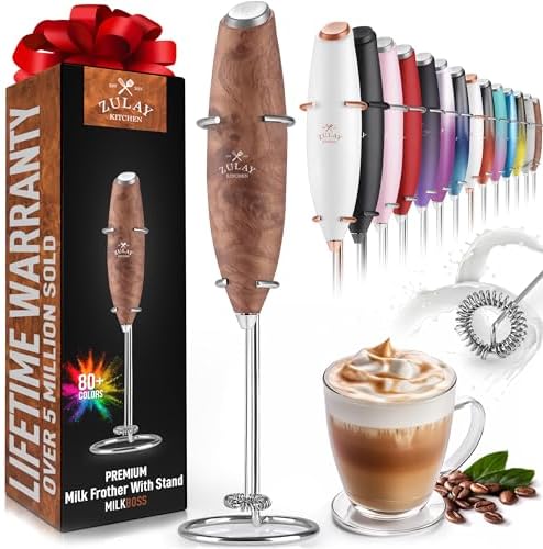 Zulay Kitchen Powerful Milk Frother Wand - Ultra Fast Handheld Drink Mixer - Electric Whisk Foam Maker for Coffee, Lattes, Cappuccino, Frappe, Matcha & Coffee Creamer - Milk Boss Walnut