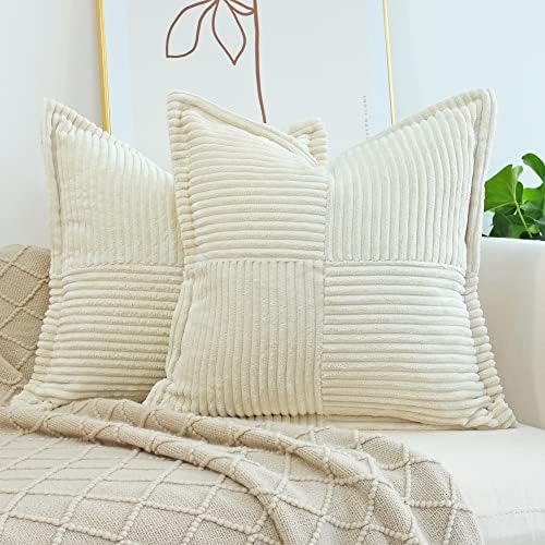 JOJUSIS Corduroy Pillow Covers with Splicing Set of 2 Super Soft Boho Striped Pillow Covers Broadside Decorative Textured Throw Pillows for Spring Couch Cushion Livingroom 18 x 18 inch Beige