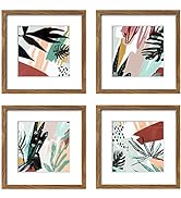 ArtbyHannah Framed Plant Wall Art Set Green Botanical Tropical Wall Decor with 10x10 Walnut Frame...