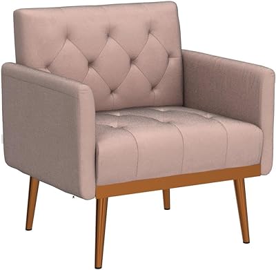 SLEERWAY Modern Velvet Single Sofa Chair, Upholstered Accent Living Room Chair, Comfy Armchair with Rose Golden Metal Legs, Tufted Chair for Reading or Lounging (Pink)