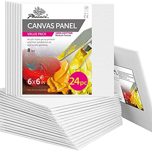 PHOENIX Small Painting Canvas Panels 6x6 Inch, 24 Bulk Pack - 8 Oz Triple Primed 100% Cotton Acid Free Square Canvas Boards for Painting, White Blank Flat Canvas Boards for Acrylic, Oil Paints