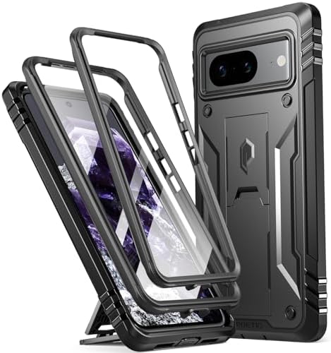 Poetic Revolution Case for Google Pixel 8 5G 6.2 inch, [20FT Mil-Grade Drop Tested], Full-Body Rugged Shockproof Cover with Kickstand and Built-in-Screen Protector, Black