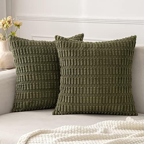 MIULEE Pack of 2 Corduroy Decorative Throw Pillow Covers 20x20 Inch Soft Boho Striped Pillow Covers Modern Farmhouse Home Decor for Spring Sofa Living Room Couch Bed Olive Green