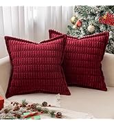 MIULEE Burgundy Corduroy Decorative Throw Pillow Covers Pack of 2 Soft Striped Pillows Pillowcase...