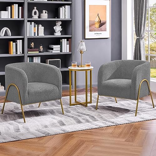 Yaheetech Accent Chair, Modern Barrel Chair, Boucle Fabric Vanity Chair with Golden Legs, Cozy Fuzzy Armchair for Living Room Makeup Room Bedroom Reading Nook, Gray, 2pcs