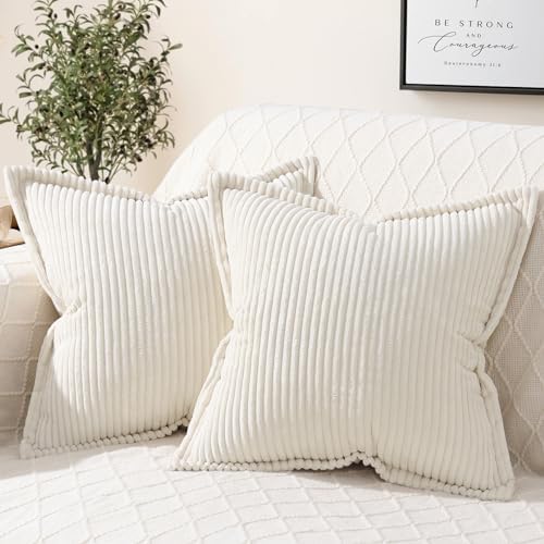 Mecatny Corduroy Pillow Covers 20x20 Inch Set of 2 - Striped Throw Pillow Covers with Wide Border for Living Room, Bed - Soft Square Decorative Pillow Covers for Couch - Cream White