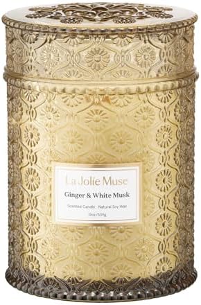 LA JOLIE MUSE Ginger & White Musk Candle, Fall Candles for Home Scented, Natural Soy Candles, Wood Wicked Large Candle Gifts for Men&Women, Long Burning Glass Jar Candle, 19oz