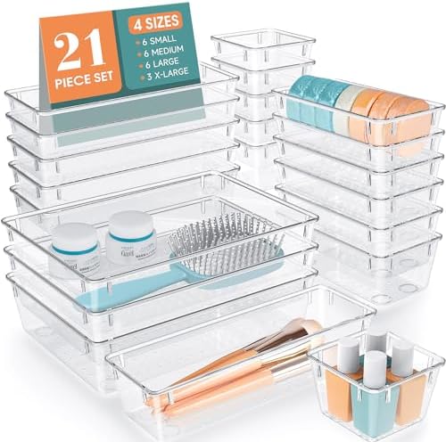 WOWBOX 21 PCS Clear Plastic Drawer Organizer Set, 4 Sizes Desk Drawer Divider Organizers and Storage Bins for Makeup, Jewelry, Gadgets for Kitchen, Bedroom, Bathroom, Office