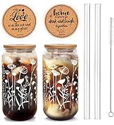 ANOTION Wildflower Glass Cups With Lids and Straws, Iced Coffee Cup Beer Can Shaped Glass 20 Oz G...