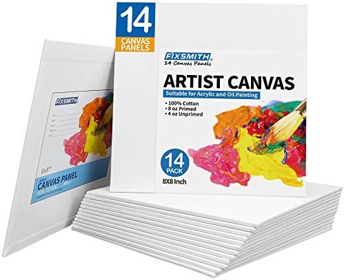 FIXSMITH Canvas Boards for Painting 8x8 Inch, Super Value 14 Pack Paint Canvases, White Blank Canvas Panels, 100% Cotton Primed, Painting Art Supplies
