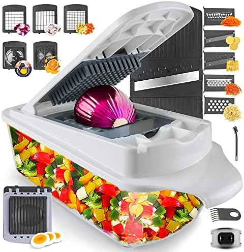 RüK Vegetable Chopper Slicer Onion Dicer, Multi 22-in-1 Veggie Mandoline Food Cutter for Tomato Fruit with Lemon Squeezer, E-Recipe, 11 Blades, Egg Separator & Slicer, Container