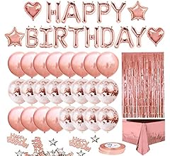 Uandhome Rose Gold Balloons Birthday Party Decoration, Happy Birthday Banner, Rose Gold Fringe Curtain, Foil Tablecloth, He…
