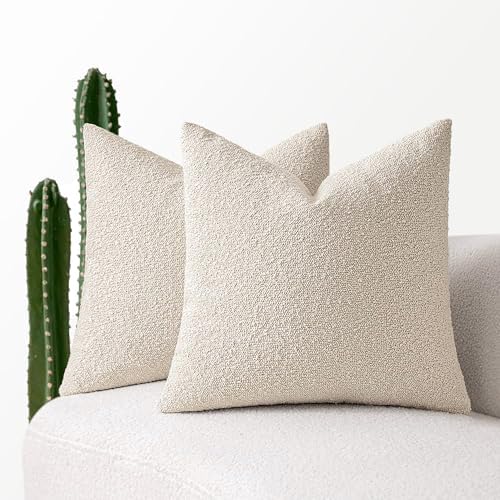 MIULEE Set of 2 Beige Throw Pillow Covers 18x18 Inch Decorative Couch Pillow Covers Textured Boucle Accent Solid Pillow Cases Soft for Cushion Chair Sofa Bedroom Livingroom Home Decor