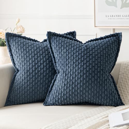 MIULEE Blue Throw Pillow Covers 18x18 Inch Pack of 2 Soft Corduroy Pillow Covers Decorative Striped Pillowcases with Broad Edge Farmhouse Spring Home Decor for Couch Bed Sofa Living Room