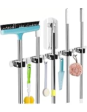 Broom Mop Holders Wall Mount Brooms Organizer Hanger 5 Slots and 4 Hooks Heavy Duty Stainless Steel Storage Tool Rack Anti-Slip for Home Kitchen Garden Laundry Garage