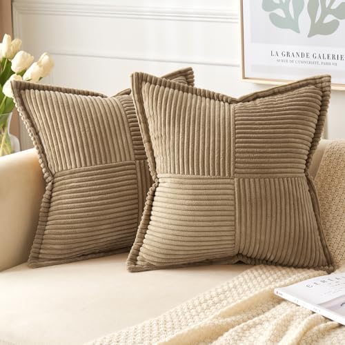 ANRODUO Pack of 2 Khaki Corduroy Decorative Throw Pillow Covers with Splicing 18x18 Inch Luxurious Textured Boho Striped Pillow Covers Broadside Throw Pillows for Couch Sofa Living Room Fall Decor