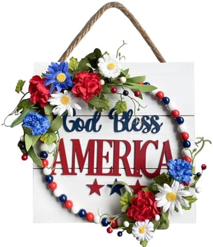 Idyllic God Bless America Sign Wreath for Front Door, 12" Red White and Blue Artificial Flower Wooden Sign Wreath for Memorial Day Independence Day Decoration