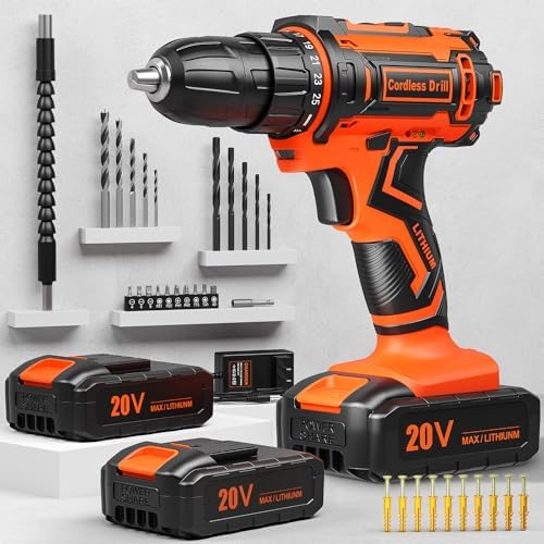 VIWKO Cordless Drill Set, 20V Power Drill set with 2 Batteries and Charger, 3/8 Inch Chuck Electric Drill, 25+1 Torque Setting, 2 Speeds, 370 In-lb Torque, 42Pcs for DIY