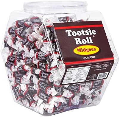 Tootsie Rolls Candy Bulk 275pcs - Mini Individually Wrapped Tootsie Roll Midgees in Reusable Plastic Tub - Candy Pack of Chocolate Taffy Chews