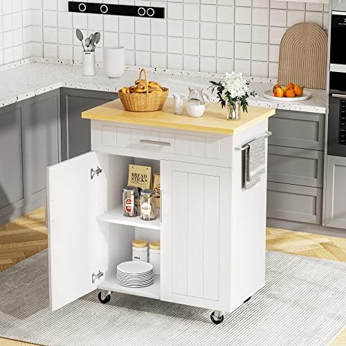 JY QAQA 26" Kitchen Island on Wheels with Storage Cabinet Kitchen Cart Cabinet with Shelves, Cart Handle for Towel Rack or Free Mobility, Portable Islands for Kitchen,White