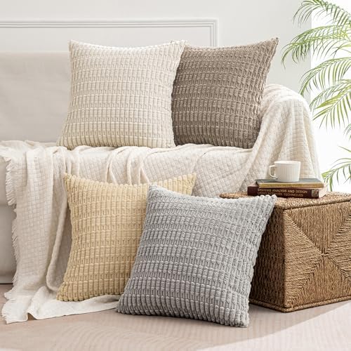 MIULEE Pack of 4 Neutral Corduroy Decorative Throw Pillow Covers 18x18 Inch Soft Boho Striped Pillow Covers Modern Farmhouse Home Decor for Sofa Living Room Couch Bed