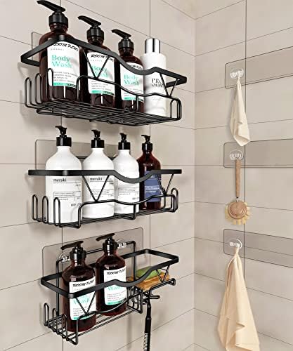 longzon Shower Caddy with 6 Traceless Adhesive, 3 Pack Shower Organizer, No Drilling Stainless Steel Shower Shelf, for Bathroom Suction Cup Storage Rack Shelves Black