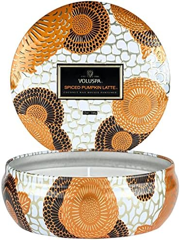 Voluspa Spiced Pumpkin Latte Candle | 3 Wick Tin | 12 Oz. | 40 Hour Burn Time | Vegan | All Natural Wicks and Coconut Wax for Clean Burning