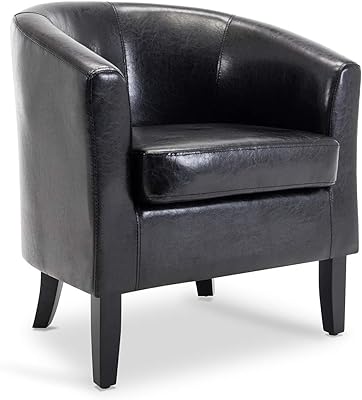 BELLEZE Living Room Chair, Faux Leather Round Accent Barrel Chair, Club Tub Sofa Chair for Bedroom, Corner Chair with Flared Legs and Cozy Soft Padding - Highland (Black)