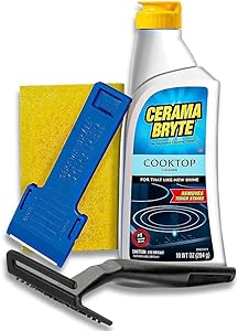 Cerama Bryte Combo Kit POW-R Grip, Scraper, Pad &amp; Removes Tough Stains Cooktop and Stove Top Cleaner for Glass - Ceramic Surfaces, 10 Ounces, 4 Piece