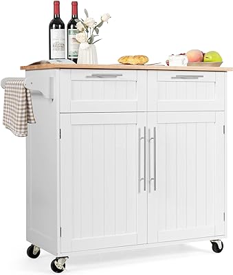 COSTWAY Kitchen Island Cart on Wheels, with Side Towel Bar, 2 Drawers, 2 Door Cabinet, Rolling Storage Trolley Cart with Rubber Wood Top & Lockable Casters (White)