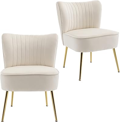 KCC Modern Velvet Upholstered Accent Chair Set of 2,Mid Century Living Room Chairs with Golden Legs,Comfy Armless Chair Wingback Single Sofa Side Chair for Bedroom,Beige