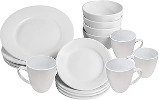 16 Piece White Porcelain Dinner Set | 4 Plates, Bowls and Cups | Party Dinnerware | Service Set for 4 | Dishwasher and Mic...