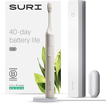 Image of SURI Sustainable Sonic Toothbrush - Electric Toothbrush for Adults - Slim and Powerful Travel Toothbrush with UV Cleaning Case - Recyclable Plant-Based Head, 2 Modes, Mirror-Mount, and Charging Stand