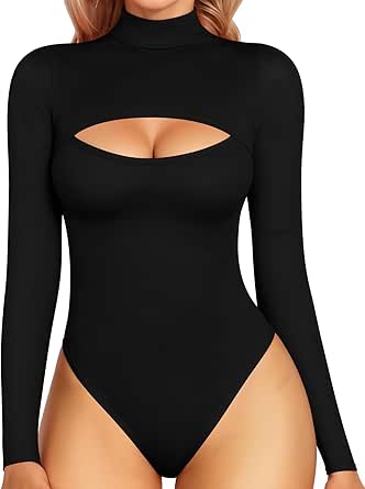 MANGOPOP Mock Neck Cutout Front Top Long Sleeve Bodysuits for Women