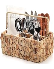 Pumtus Wicker Flatware Organizer, Woven Divided Utensil Caddy, Water Hyacinth Cutlery Holder, Picnic Silverware Flatware Storage Basket Carrier with Handle for Countertop, Forks, Knives, Spoons