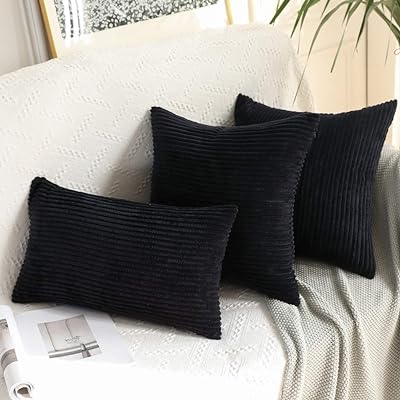 MIULEE Pack of 2 Corduroy Pillow Covers Soft Soild Striped Throw Pillow Covers Set Decorative Square Cushion Cases Pillowcases for Cushion Couch Sofa Bedroom Living Room 16 x 16 Inch Black