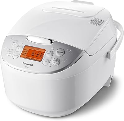 Toshiba Rice Cooker 6 Cup Uncooked – Japanese Rice Cooker with Fuzzy Logic Technology, 7 Cooking Functions, Digital Display, 2 Delay Timers and Auto Keep Warm, Non-Stick Inner Pot, White