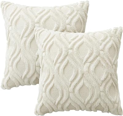 MIULEE Cream White Throw Pillow Covers 18x18 Inch, Soft Plush Faux Wool Couch Pillow Covers Set of 2 Decorative Farmhouse Boho Throw Pillows for Sofa Living Room Bed