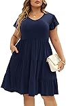 Celkuser Womens Plus Size Casual Summer dresses Ruffle Sleeve Tiered Swing Midi Dress with Pockets(cel137,20,NAVY)
