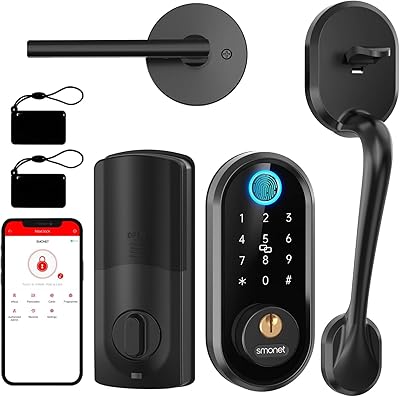 Smart Lock Front Door, SMONET Keyless Entry Door Lock Deadbolt with Handle Set, Smart Front Door Lock Set Fingerprint Deadbolt Bluetooth Electronic Digital Keypad Lock, Auto Lock Alexa lock,Black